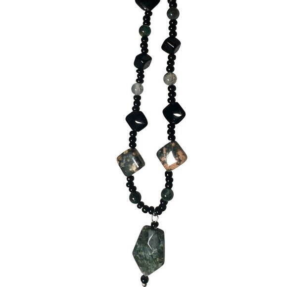 18" Necklace Natural Stone Beads Pendant Silver Clasp Onyx Moss Agate Ocean Jasp - Picture 6 of 8